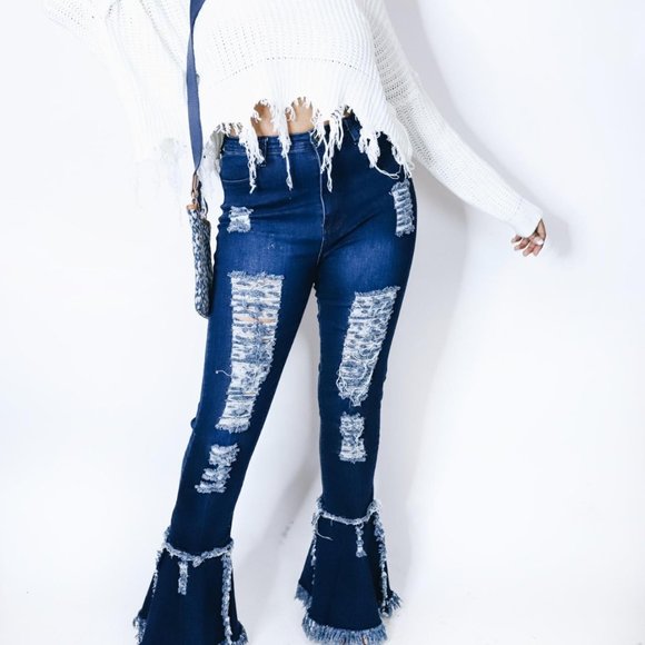 Step Up Your Denim Game:High Waist Distressed Stretch Skinny Jeans with Bell Hem - Picture 1 of 2